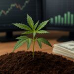 Young cannabis plant growing in soil with stacks of money nearby and financial graphs in the background.