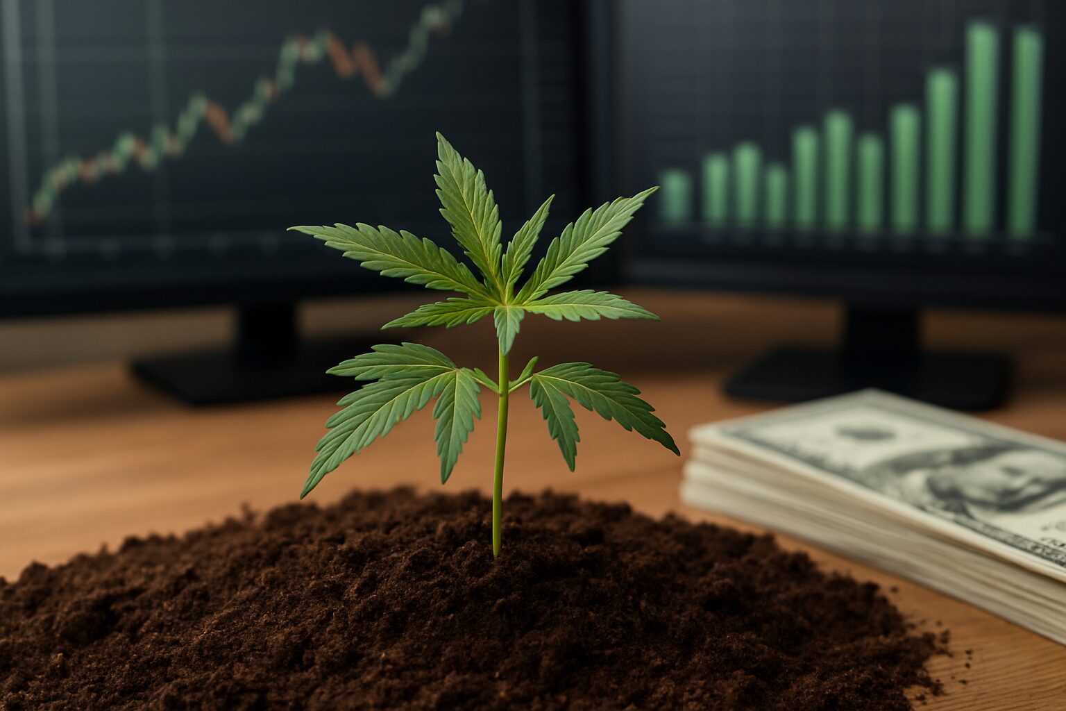 Young cannabis plant growing in soil with stacks of money nearby and financial graphs in the background.