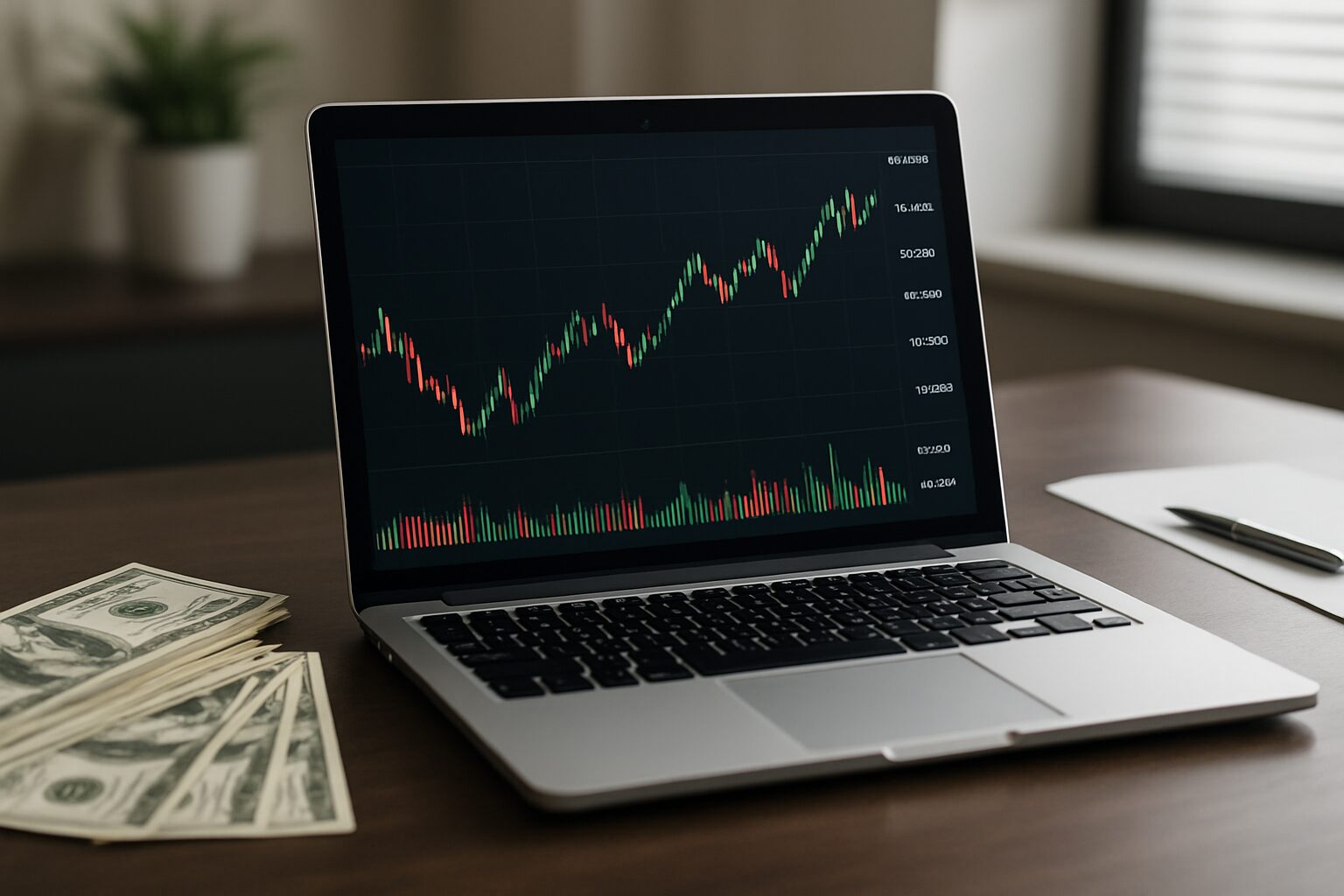 A laptop displaying a candlestick chart with green and red bars, with cash in the foreground.