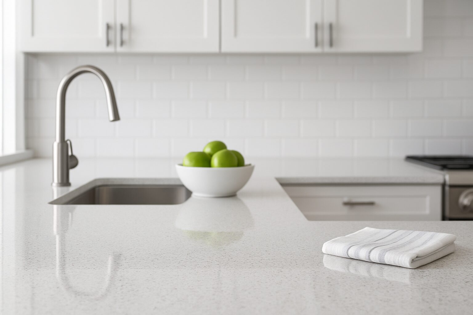 A clean kitchen countertop with a bowl of green apples and a folded towel.